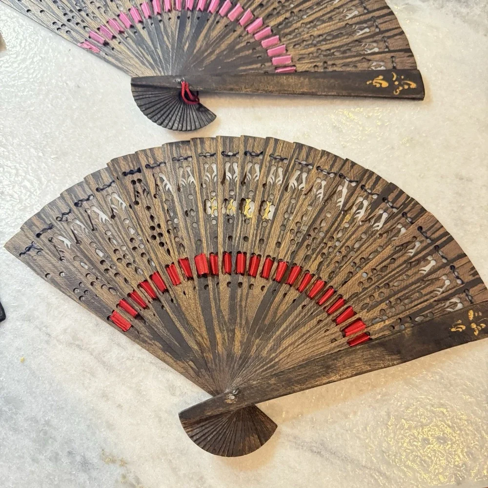 Set of 4 Balinese Hand Carved Wooden Folding‎ Fans Vintage Bali Decor Multicolor
